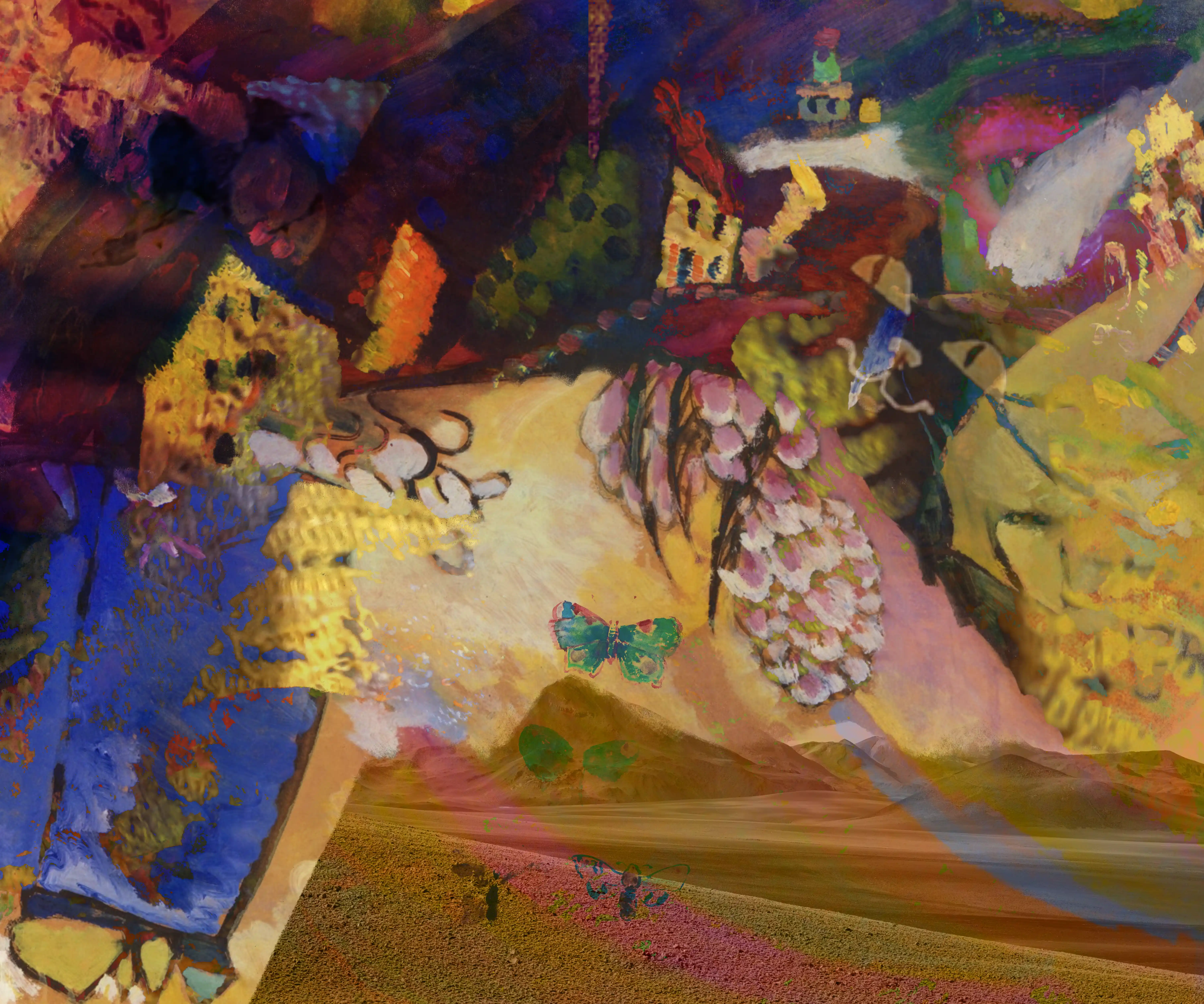 Colourful digital collage layered over a photograph of a Namibian desert landscape, with playful imagery including a butterfly and a hidden cat.
